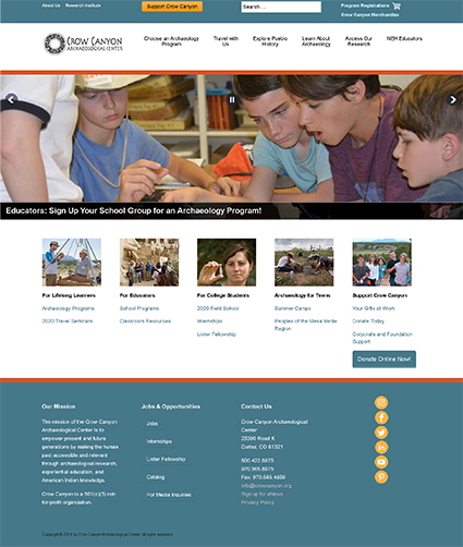 Screen shot of homepage for Crow Canyon Archaeological Center