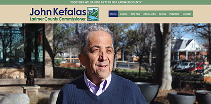 Screen shot of homepage for the Kefalas for Larimer County Commissioner